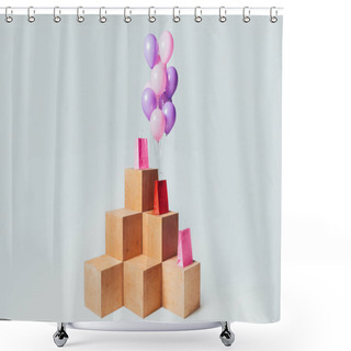 Personality  Shopping Bags With Bundle Of Pink And Violet Balloons Isolated On White, Summer Sale Concept Shower Curtains