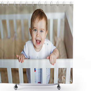 Personality  Little Cute Adorable Little Blond Boy In A Striped Bodykit Is In The Nursery With White Crib And Laughs Shower Curtains