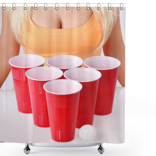 Personality  Beer Pong. Red Plastic Cups With Ping Pong Ball And Blonde Girl In Sexy Tank Top. Closeup Shower Curtains