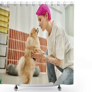 Personality  Side View Of Loving Dog Sitter And Cute Pomeranian Spitz Looking At Each Other In Pet Hotel Shower Curtains