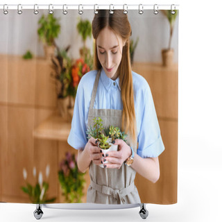 Personality  Beautiful Smiling Young Florist Holding Succulents In Pots In Flower Shop Shower Curtains