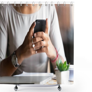 Personality  Close Up Woman Holding Smartphone, Typing Message Shower Curtains