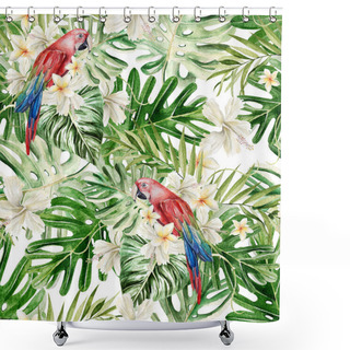 Personality  Beautiful Watercolor Seamless, Tropical Jungle Floral Pattern Background With Palm Leaves, Flower Hibiscus, Parrot.  Shower Curtains