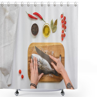Personality  Cropped Image Of Tattooed Woman Cutting Fish By Knife On Wooden Board Near Ingredients On Table Shower Curtains
