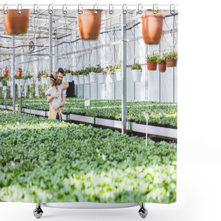 Personality  Couple Of Young Gardener Embracing In Greenhouse Shower Curtains