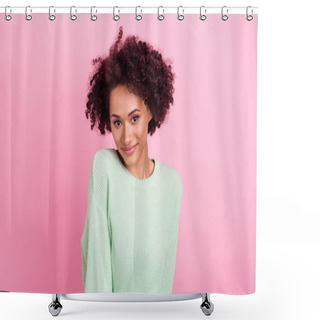 Personality  Portrait Of Gorgeous Candid Satisfied Dark Skin Person Smile Look Camera Isolated On Pink Color Background Shower Curtains
