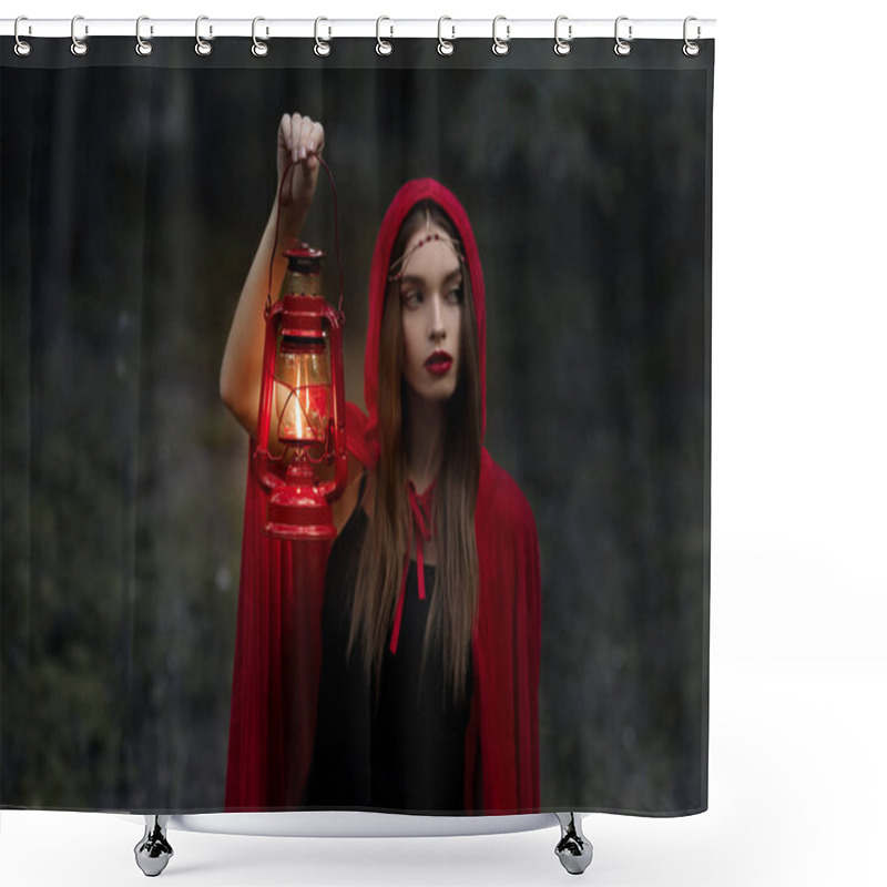 Personality  elegant mystic girl walking in dark forest with kerosene lamp shower curtains