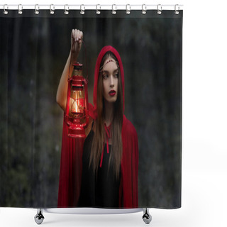 Personality  Elegant Mystic Girl Walking In Dark Forest With Kerosene Lamp Shower Curtains