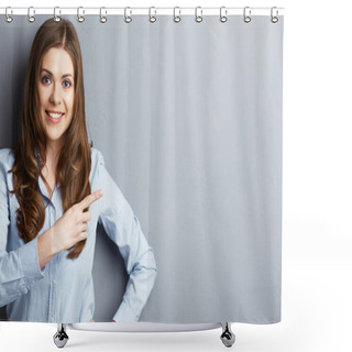 Personality  Portrait Of Smiling Business Woman Pointing Finger Shower Curtains