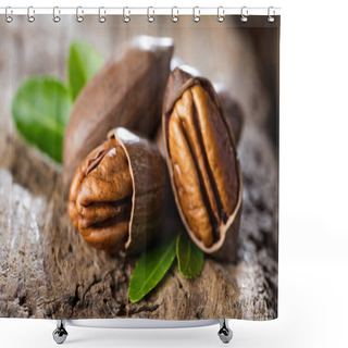 Personality  Pecan Nuts On A Wooden Table Shower Curtains