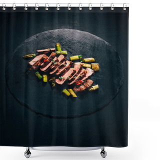 Personality  Top View Of Tasty Sliced Grilled Meat With Asparagus On Black Slate Board Shower Curtains