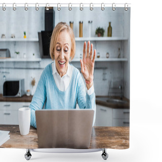 Personality  Happy Senior Woman Waving With Hand, Using Laptop And Having Video Chat In Kitchen Shower Curtains