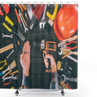 Personality  Cropped Shot Of Worker Holding Electric Screwdriver And Various Supplies On Wooden Tabletop Shower Curtains