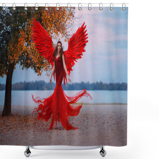 Personality  Young Beautiful Fantasy Woman Fallen Angel Lying In Air Near A Tree With Orange Leaves. Creative Red Costume, Huge Artificial Bird Wings And Elegant Dress. Magic Autumn Foliage. Photo Of Levitation. Shower Curtains