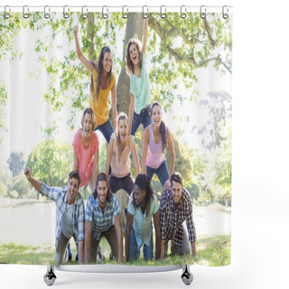 Personality  Happy Friends In The Park Making Human Pyramid Shower Curtains