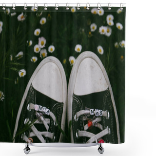 Personality  Madrid, Spain. 7 January 2024. Classic Converse Sneakers On Women's Feet. Vintage Shoes And Green Grass. Nostalgia For 90s. A Girl Relaxing In Forest. Shower Curtains