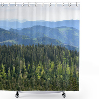 Personality  Picturesque Landscape With Coniferous Forest And Hills In The European Forest Of Schwarzwald, Germany. The Concept Of Ecology, Tourism Shower Curtains