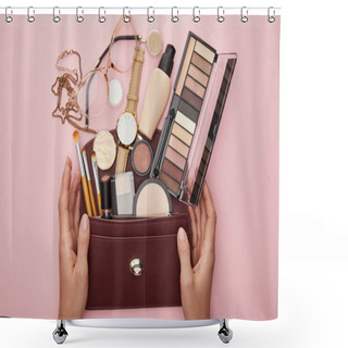 Personality  Top View Of Woman Near Bag With Decorative Cosmetics Isolated On Pink  Shower Curtains