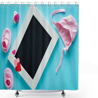 Personality  Top View Of Empty Chalkboard With Pink Baby Clothes And Pacifier On Blue Background, Concept Of Mothers Day  Shower Curtains