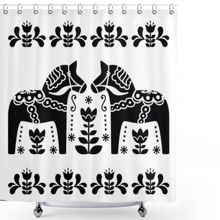 Personality  Swedish Dala Or Daleclarian Horse Black And White Folk Art Pattern Shower Curtains