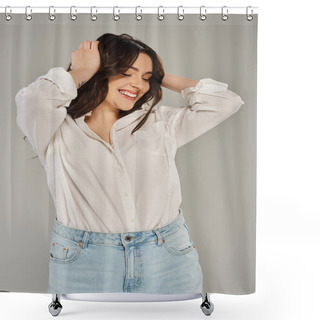 Personality  A Beautiful Plus Size Woman Posing In Stylish White Shirt And Jeans Against A Gray Backdrop. Shower Curtains