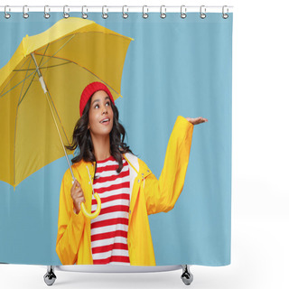 Personality  Cheerful Ethnic Female With Yellow Umbrella Smiling And Catching Raindrops On Rainy Autumn Day Against Blue Backgroun Shower Curtains