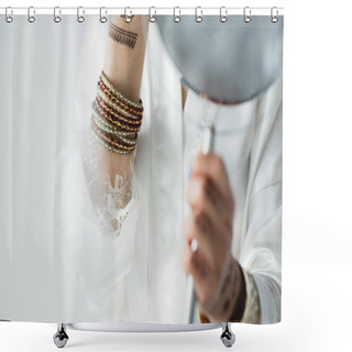 Personality  Cropped View Of Indian Bride With Mehndi Holding Mirror On White Shower Curtains