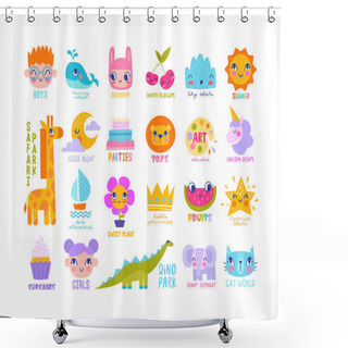 Personality  Large Set Of Bright Colorful Logos For Children Shower Curtains