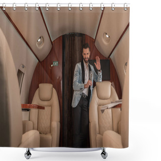Personality  Selective Focus Of Elegant, Handsome Man Waving Hand And Holding Glass Of Champagne In Private Plane Shower Curtains