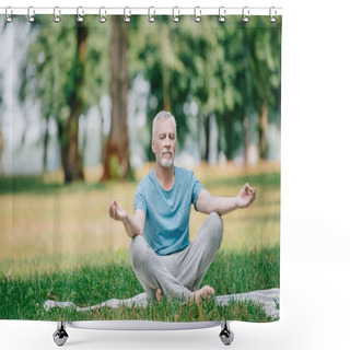 Personality  Handsome Mature Man Meditating While Sitting In Lotus Pose In Park Shower Curtains