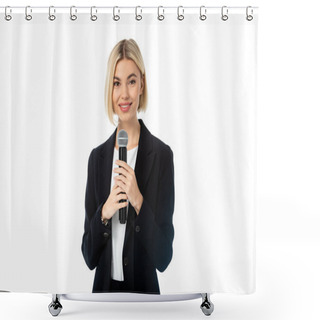 Personality  Young Blonde News Presenter With Microphone Smiling At Camera Isolated On White Shower Curtains