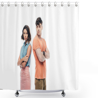 Personality  Offended Man And Woman Standing Back To Back With Crossed Arms Isolated On White Shower Curtains