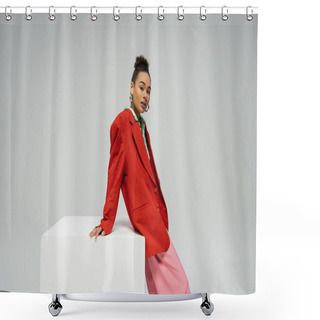 Personality  Pretty African American Woman In Vibrant Outfit Leaning On Cube On Grey Backdrop, Look At Camera Shower Curtains