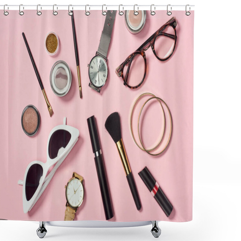 Personality  Top View Of Watches, Lipstick, Glasses, Sunglasses, Eyeshadow, Blush, Cosmetic Brushes, Bracelets And Mascara  Shower Curtains