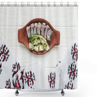 Personality  Delicious Marinated Herring With Potatoes And Onions In Earthenware Plate With Embroidered Towel On White Wooden Background Shower Curtains