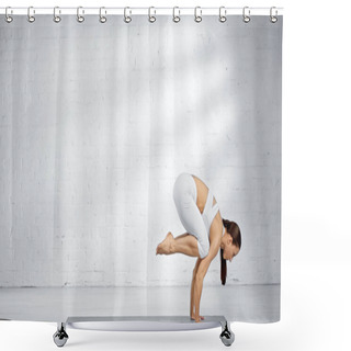Personality  Side View Of Flexible Woman Doing Handstand On Yoga Mat  Shower Curtains
