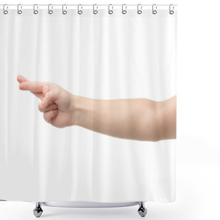 Personality  Cropped View Of Woman Showing Crossed Fingers Isolated On White Shower Curtains