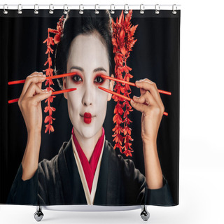 Personality  Beautiful Geisha In Black Kimono With Red Flowers In Hair Holding Chopsticks Near Eyes Isolated On Black Shower Curtains
