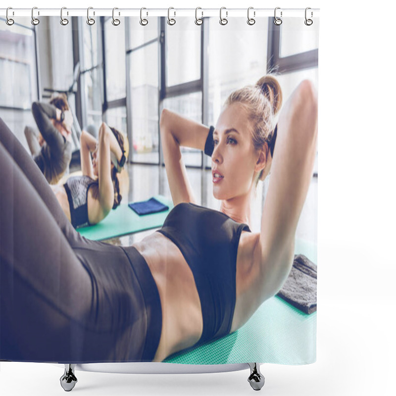 Personality  Athletic young people exercising in gym  shower curtains