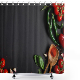 Personality  Top View Of Organic Cherry Tomatoes, Garlic Cloves, Fresh Rosemary, Peppercorns, Basil Leaves And Green Chili Peppers On Black Shower Curtains