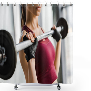 Personality  Cropped View Of Concentrated Sportswoman In Weight Lifting Gloves Training With Barbell At Gym Shower Curtains