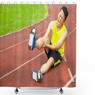 Personality   Young Male Runner Suffering From Leg Cramp On The Track Shower Curtains