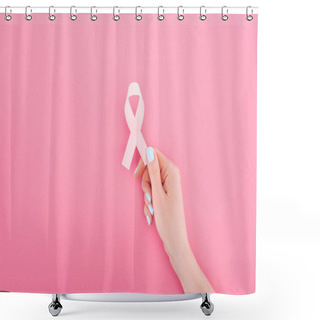 Personality  Partial View Of Woman With Pink Breast Cancer Sign On Pink Background Shower Curtains