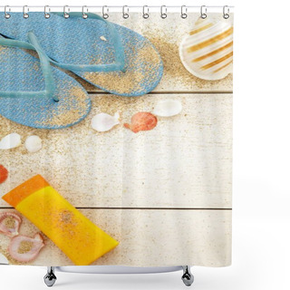 Personality  Blue Flipflops, Sunblock, And Seashells On White Wooden Table Shower Curtains
