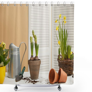 Personality  Daffodils In Braided Flowerpot And Hyacinth With Watering Can  Shower Curtains