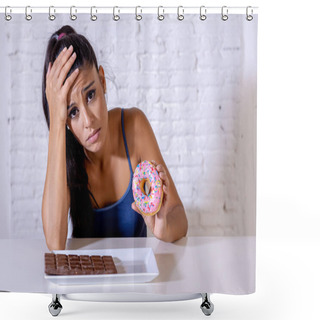 Personality  Hungry Beautiful Young Woman Unhappy Craving Sweet Chocolate And Doughnuts And Cannot Eat In Dieting Weight Loss Sugar Addiction Diabetic And Unhealthy Healthy Food Concept. Shower Curtains