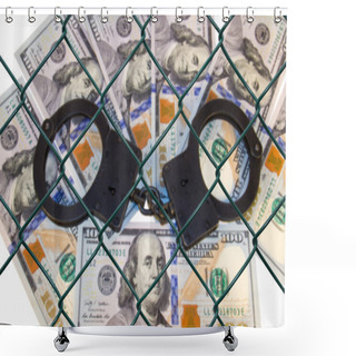 Personality  Metal Handcuffs On The Background Of Dollars Under Wire Netting (lattice) Shower Curtains