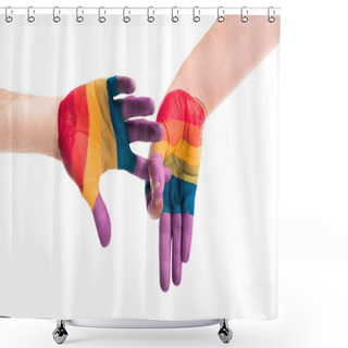 Personality  Cropped Image Of Gay Couple Showing Penetration Sign With Hands Painted In Colors Of Pride Flag Isolated On White, World Aids Day Concept Shower Curtains