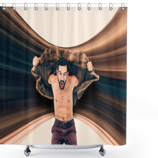 Personality  Man In Fur Blows Crazy With Joy Screaming With A Surprised Expression - Jumping For Happiness And Craziness Shower Curtains