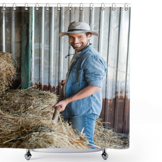 Personality  Cheerful Farmer Looking At Camera While Stacking Hay On Farm Shower Curtains